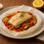 Poisson en papillote aux légumes frais avec courgettes, carottes, poivron rouge et aneth.
