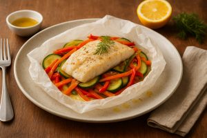 Poisson en papillote aux légumes frais avec courgettes, carottes, poivron rouge et aneth.